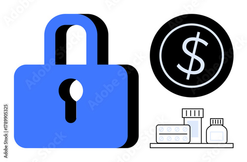 Blue lock, dollar sign, and medicines emphasize financial security, healthcare costs, and protection. Ideal for healthcare, finance, security, insurance savings commerce pharmaceutical topics