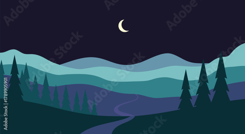 Stylized Night Landscape Illustration with a Serene Crescent Moon, Layered Mountain Silhouettes, Evergreen Trees, and a Winding River Path