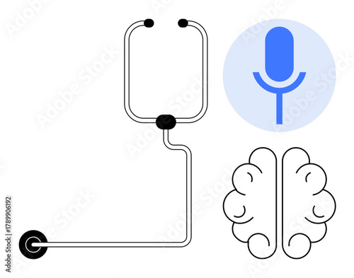 Microphone in a blue circle connected to a brain illustration via wires. Ideal for technology, AI, neuroscience, communication, innovation, machine learning, and digital transformation. A simple flat