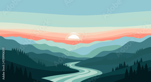 Serene Mountain Valley Sunrise with Winding River and Hazy Distant Peaks