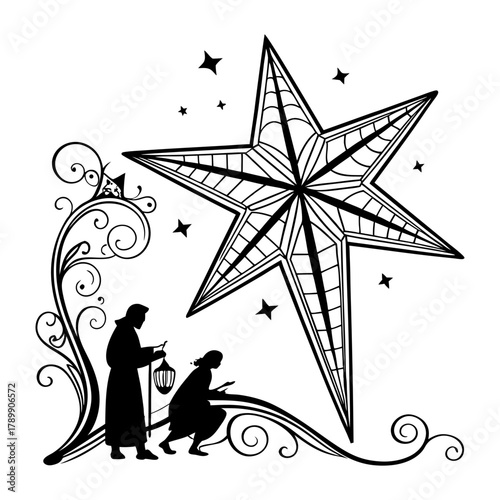 Silhouette of Wise Men Observing Star, Decorative Corner Design Element on Transparent Area vector. 