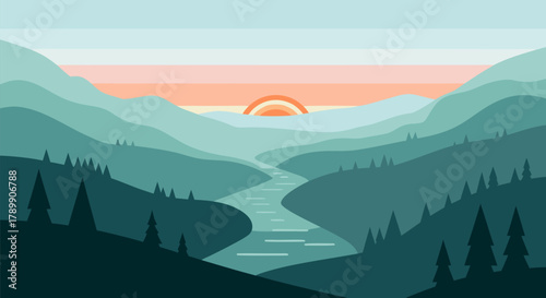 Serene Valley Landscape Gentle River Flowing Through Mountains at Sunrise