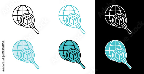 Globe with magnifying glass and package icon for global shipping tracking in line and fill style