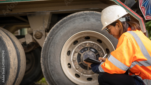 A woman in an orange safety jacket and hard hat checks the tire of a large truck at a construction site during the day. She takes notes on a clipboard while inspecting the equipment