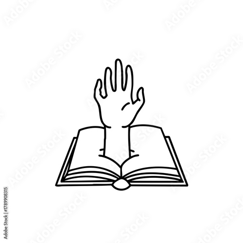 Magic book with rising hand, mystical line icon symbolizing supernatural awakening and ancient spells, ideal for poster design, article header, and digital illustration.