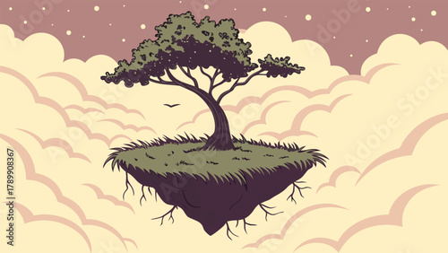 Floating island with a lone tree above clouds, set against a dusky sky. A bird flies nearby, conveying a sense of tranquility and fantasy.