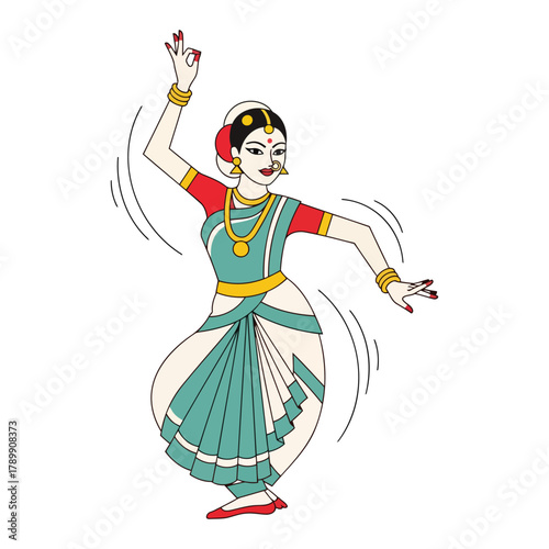 Woman dancing classical indian dance bharatanatyam with traditional dress and jewelry