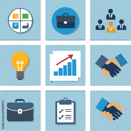 A grid of nine business-themed icons on blue backgrounds. Images include a pie chart, briefcases, a team, light bulb, graph, handshake, and clipboard.