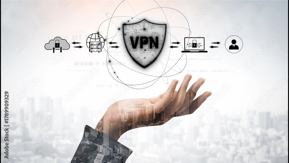 Fototapeta premium VPN security protects network access. VPN security encrypts data, hides identity, VPN security defends traffic, and VPN security secures connection from threats. Marrow