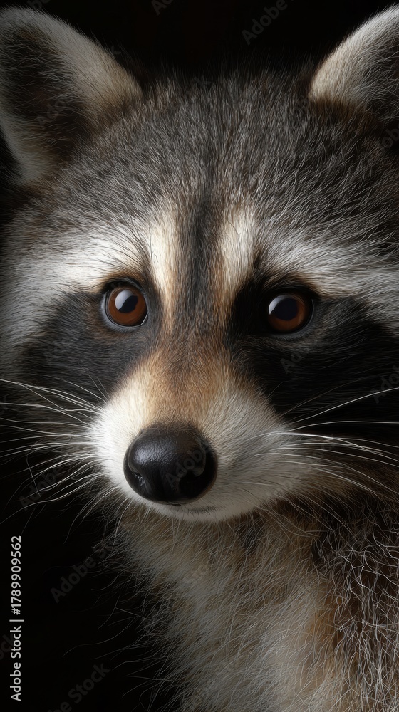 Obraz premium Curious raccoon gazes directly at the observer in a dimly lit environment, showcasing its distinctive facial markings and bright eyes
