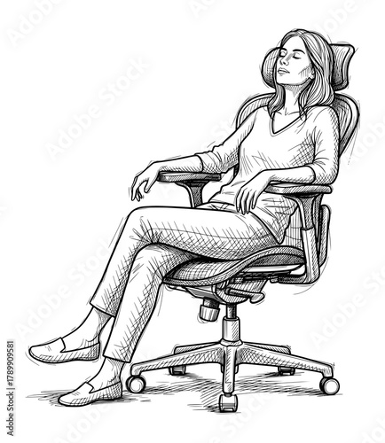 Woman Relaxing in Ergonomic Office Chair in Hand-Drawn Sketch Style. Vector Illustration for Workplace Wellness.