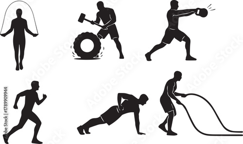 Active lifestyle fitness training workout exercise silhouettes Vector, illustration