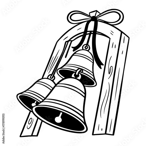 Holiday Jingle Bells Vector Illustration with Wood Frame and Bow Decoration in Black and White for Winter Season Decoration. 