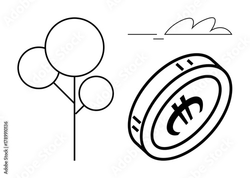Stylized tree with circular foliage next to a coin with currency insignia. Ideal for eco-friendliness, green finance, environmental investment, sustainable economy, nature conservation, growth