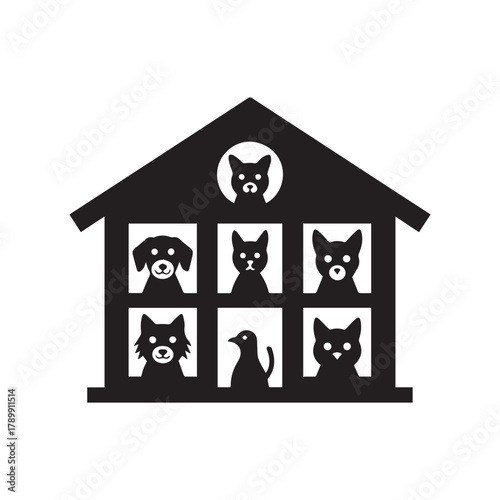 Black silhouette of pets in a house window