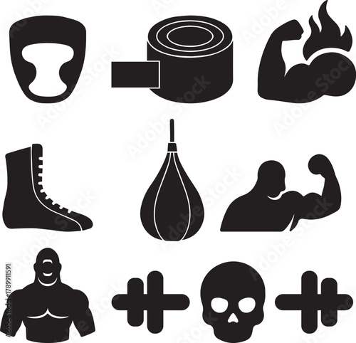 Sports and fitness icons: boxing gear, muscle, strength, workout equipment. Vector, illustration