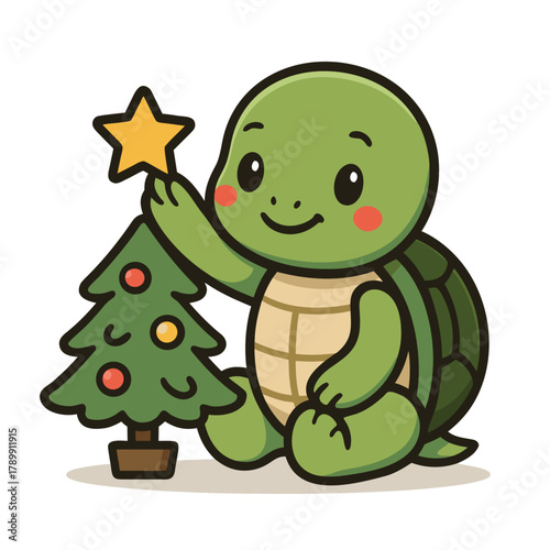 Cute Turtle Decorating Christmas Tree With Star Cartoon Vector