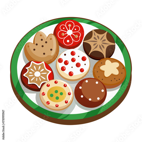 Festive Cookies Assortment Vector Plate: Holiday Treat Variety, Cute Pastry Illustration, Delicious Confections Set, Baked Goodies Graphics, Sweet Dessert Design elements. 