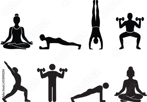 Diverse fitness and yoga exercises silhouettes collection set Vector, illustration