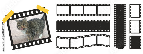 Vintage photo film strip frame set. Grunge retro movie reel borders and curved filmstrip elements.