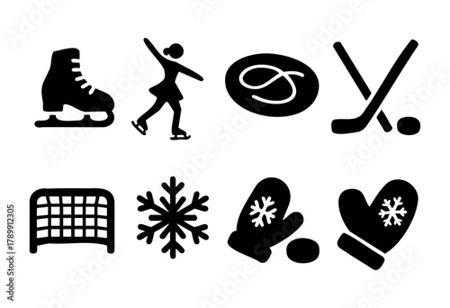 A set of eight black glyph icons depicting various winter sports and related items: ice skates, figure skater, curling stone, hockey sticks and puck, hockey net, snowflake, and mittens. The style is s