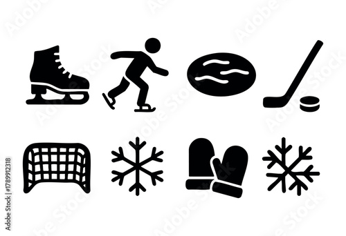 A set of eight simple black glyph icons related to winter sports and activities, including ice skates, ice hockey, and winter clothing. Perfect for websites, apps, or presentations needing a clean and