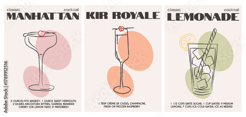 Manhattan, Kir Royale, and Lemonade cocktails with ingredients. Summer aperitif drinks and classic recipes with modern garnish. Minimal retro poster set for kitchen wall art or bar decor. Vector.