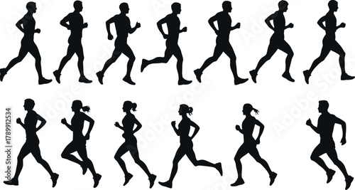 Silhouettes of people running in various poses
