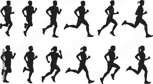 Set of running people silhouettes