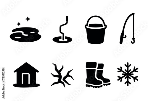 Set of eight monochrome icons depicting winter fishing: ice hole, fishing rod, bucket, boots, snowflake, ice, house, and pond. Perfect for winter activities, outdoor recreation, and fishing-related pr