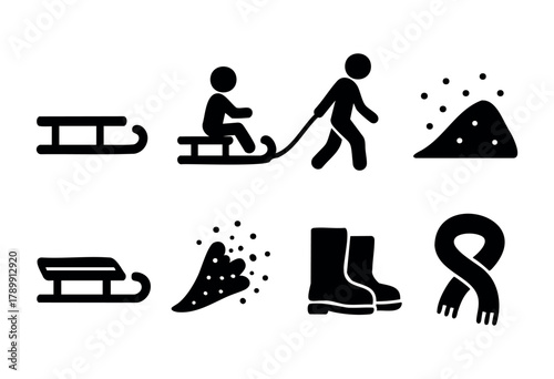 A set of simple black pictograms depicting winter activities and related items, including sledding, snow, boots, and a scarf. The style is minimalist and easily scalable.