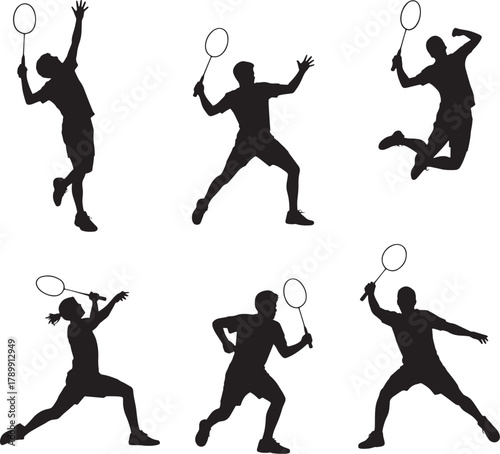 Badminton players silhouettes in various poses
