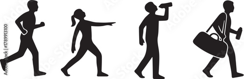 Fitness and exercise silhouettes: running, stretching, hydration Vector, illustration