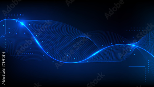 Digital futuristic technology background with glowing blue wave lines and abstract particles for internet, data, communication, and corporate design concept