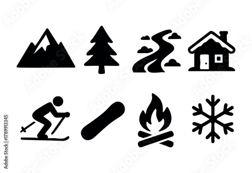 A set of eight simple black glyph icons representing winter sports and nature. The icons include mountains, a tree, a river, a cabin, a skier, a snowboard, a campfire, and a snowflake. Perfect for win