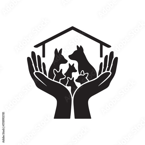 Hands holding dogs and cats under a roof, animal shelter concept