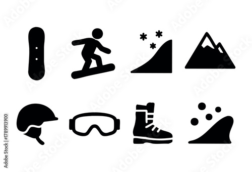 Set of eight snowboard icons in a bold, black silhouette style. Includes snowboard, snowboarder, snowy slope, mountain, helmet, goggles, snowboard boots, and snow spray. Ideal for winter sports, apps,