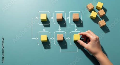 Hand completing a flowchart of colorful wooden blocks on a blue background