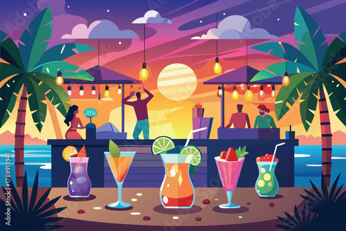 Sunset tropical bar with palm trees, wooden counter of vibrant drinks, festive string lights, and people dancing by the ocean—ideal summer party travel concept.