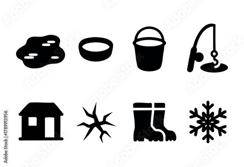 A set of eight monochrome icons depicting various winter-related objects, including a pond, a bowl, a bucket, a fishing rod, a house, cracked ice, rubber boots, and a snowflake. The icons are simple, 