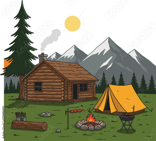 Rustic cabin and tent camping with campfire