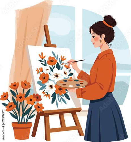 Female painter creating floral art on canvas