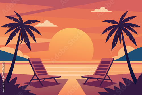 Warm tropical sunset beach scene with palm trees and lounge chairs, great for travel ads, vacation promotions, tourism campaigns, and relaxation lifestyle themes.
