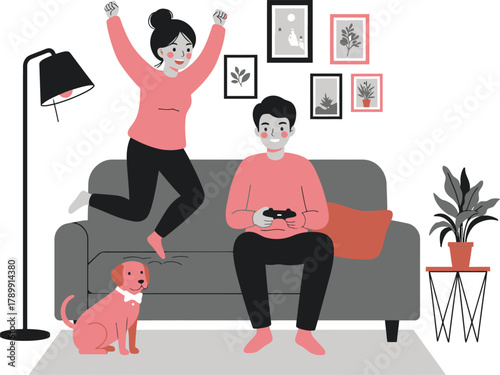 Happy couple celebrating video game victory