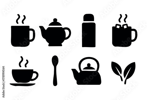 Set of eight simple black and white vector icons related to tea and hot drinks. Includes mugs, teapots, a thermos, a spoon and tea leaves. Perfect for web design, apps, or any project requiring a simp