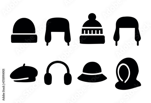 Collection of eight black silhouette headwear icons: beanie, ushanka, winter hat, beret, headphones, sun hat and hooded sweatshirt. Simple, minimalist style, perfect for website, app or print.