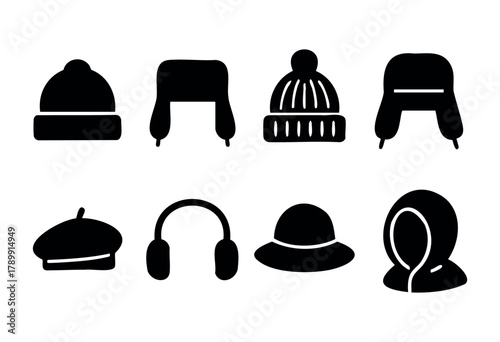 Collection of eight hand-drawn headwear icons in black silhouette style. Includes beanie, ushanka, beret, sun hat, and hooded jacket. Perfect for fashion, winter, or apparel design projects.