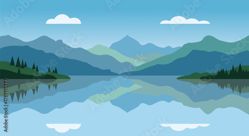 Stylized Vector Landscape Illustration of a Peaceful Mountain Lake Scene with Distant Rolling Hills and Pine Trees Reflected in Calm Water, Serene Nature Background