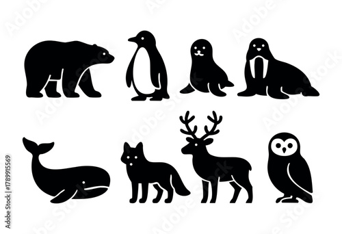 Set of eight arctic animals silhouettes: polar bear, penguin, seal, walrus, orca, arctic fox, reindeer, and owl. Simple, bold black icons isolated on white background. Ideal for logos, illustrations, 