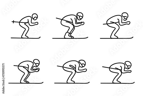 Ski technique icon set for winter sports and motion analysis. Collection of downhill skier poses for infographics, apps, and education. Vector illustration.
